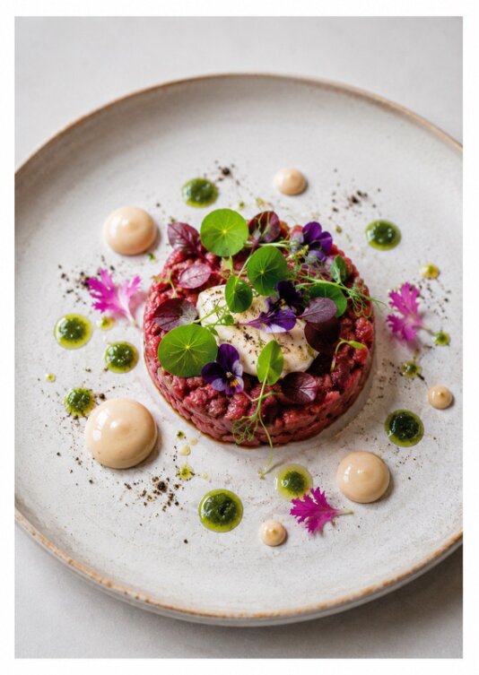 foto di tartare di carne con fiori eduli e foglie, che indica la sezione Germogli e fiori eduli del sito Vaniglia e cannella